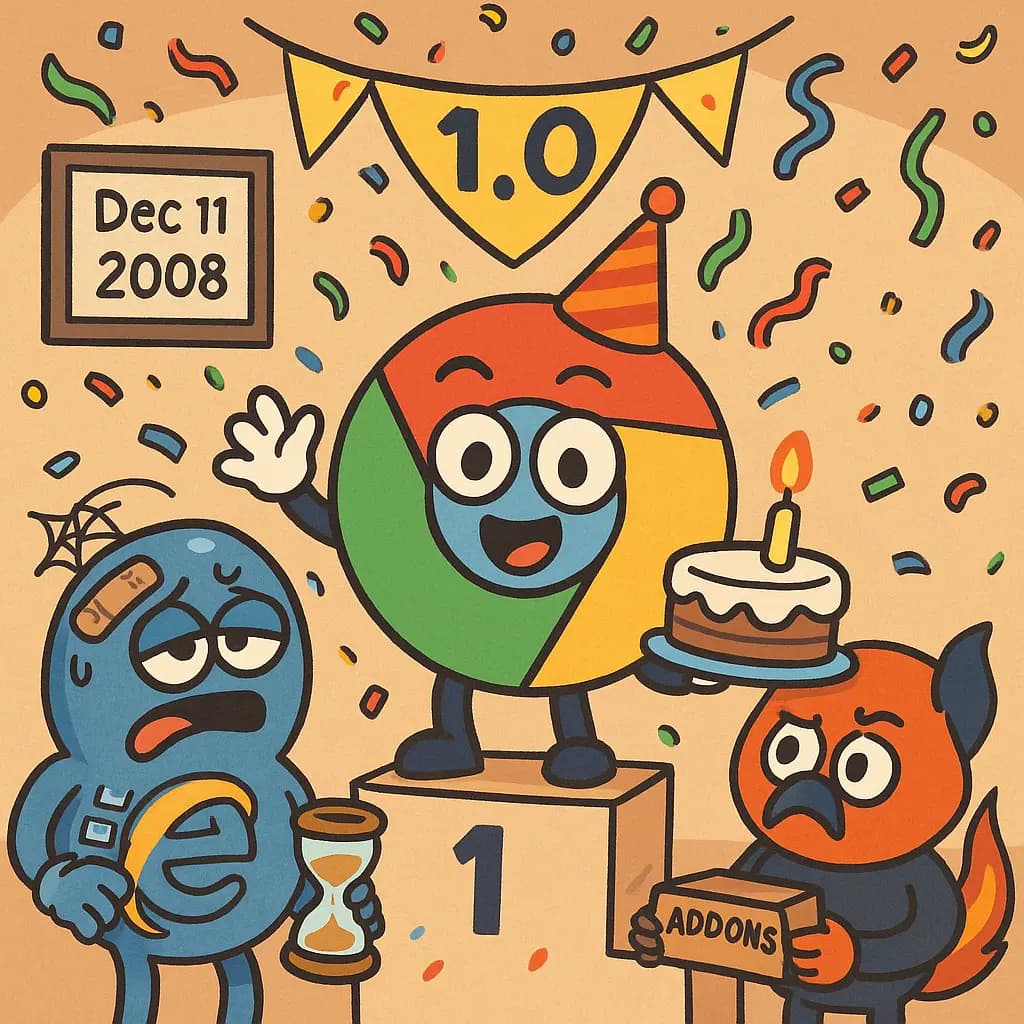 Antropomorfinen Google Chrome juhlii version 1.0 julkaisua joulukuun 11. päivänä 2008. Muut antropomorfiset vuoden 2008 selaimet - Internet Explorer, muotopuoli ja kuola valuen suusta, ja Firefox, katselevat sivusta pelokkaina.