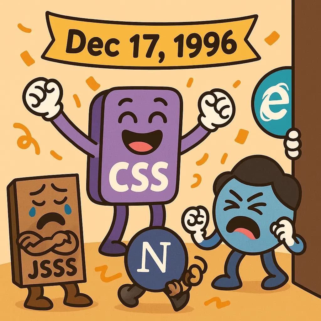 Antropomorfinen CSS-hahmo tuulettaa CSS-speksin julkaisua. Antropomorfinen Javascript Style Sheets (JSSS) ja antropomorfinen Netscape Navigator-hahmo itkevät ja polkevat jalkaa. Internet Explorer 3, ensimmäinen CSS:ää tukeva selain, kurkkaa kulman takaa!
