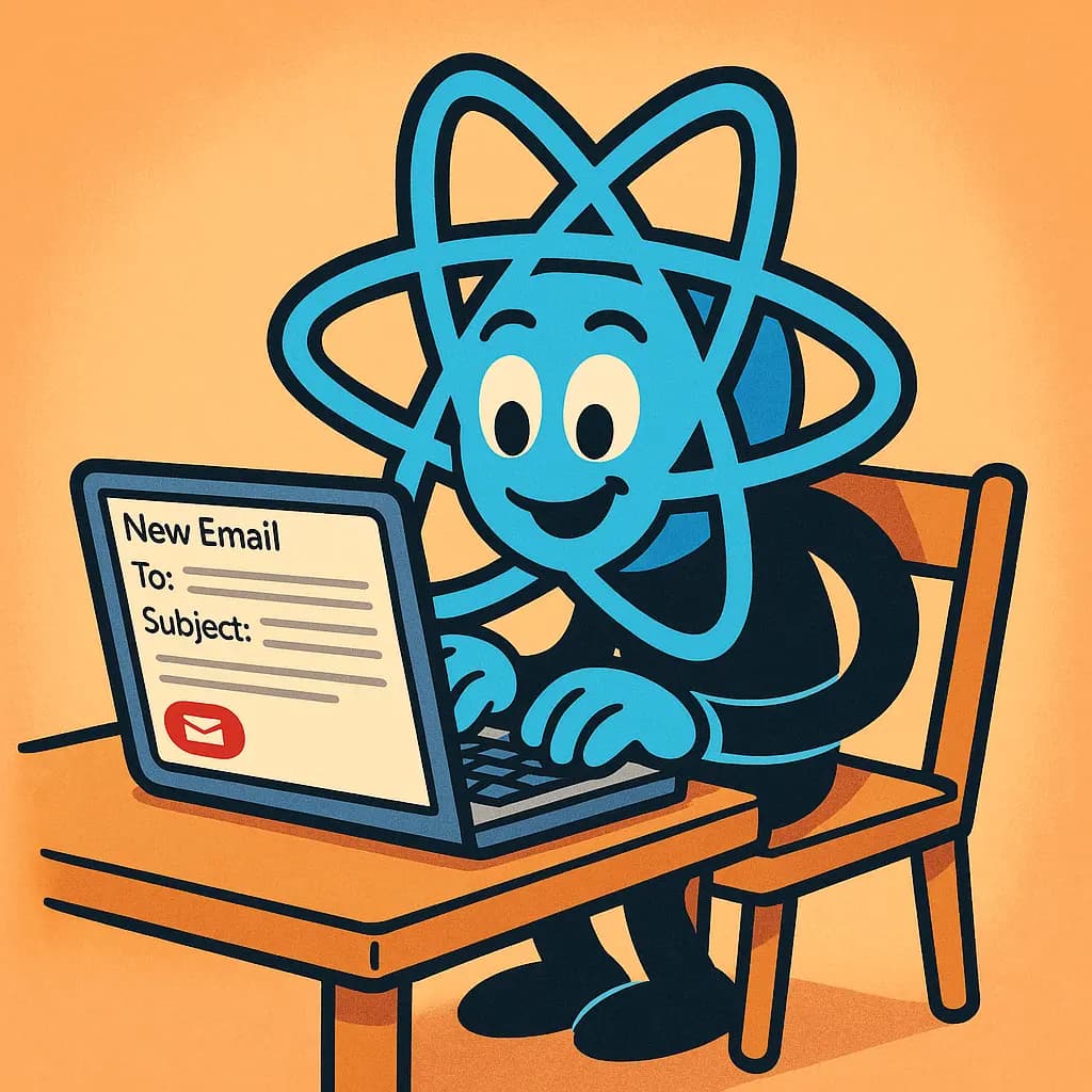 Antropomorfinen React-hahmo kirjoittaa sähköpostia läppärillä
