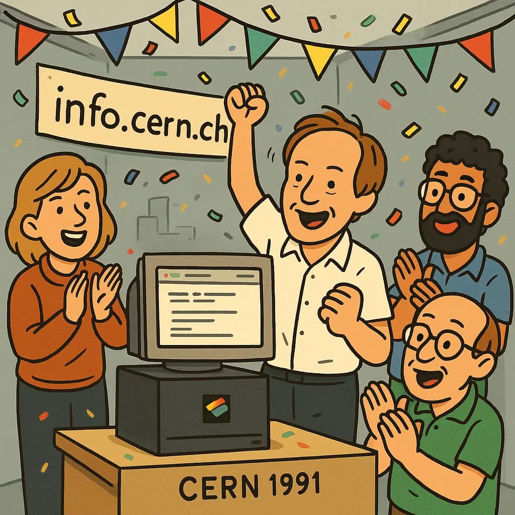 Tim Berners-Lee ystävineen juhlivat Cernissä julkaistuaan ensimmäisen webbisivun 6.8.1991! Pöydällä Berners-Leen NextCube jolla ensimmäinen saitti hyrskytti!