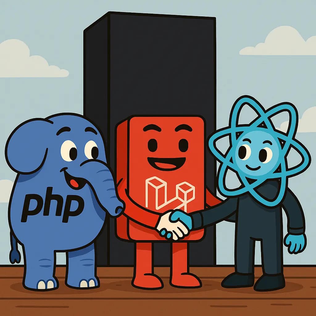 Antropomorfinen PHP, Laravel ja React paiskaavat kättä. Kuvan taustalla moderni musta monoliitti