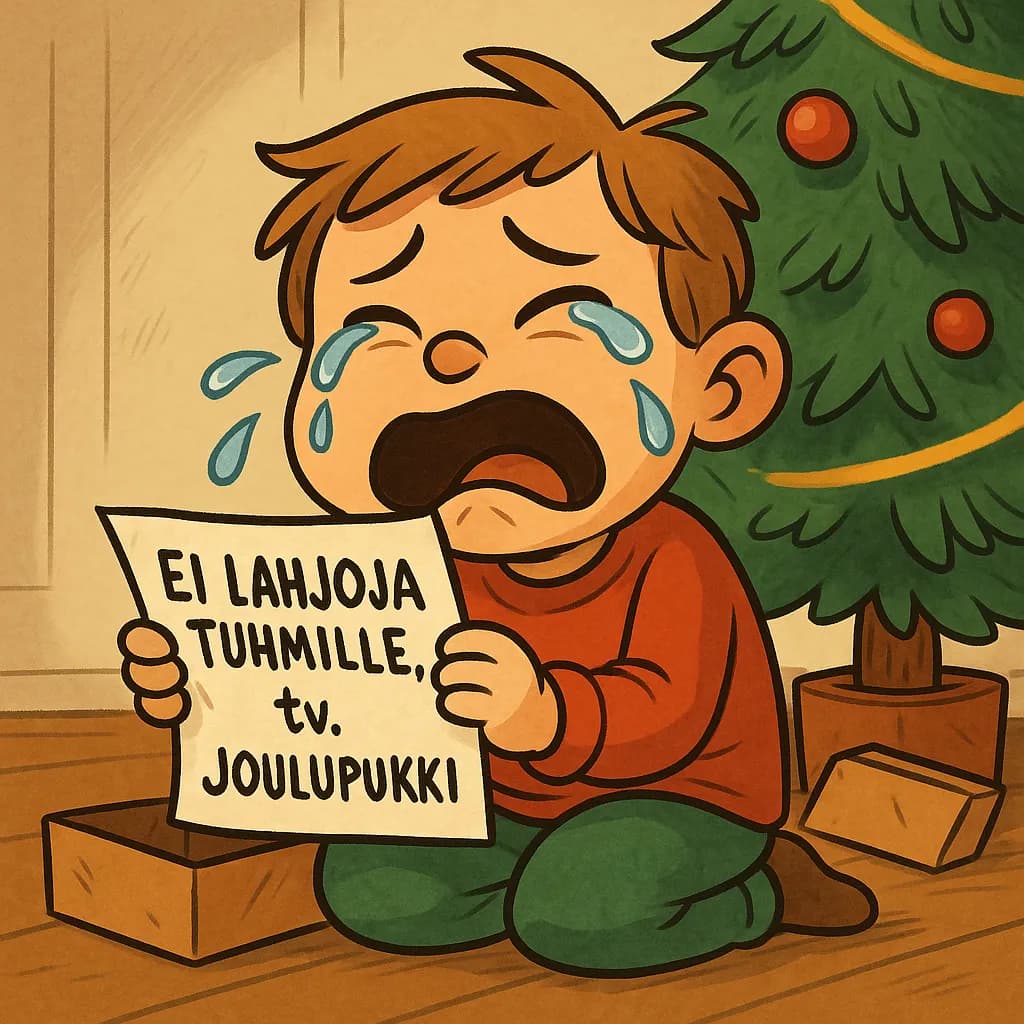 Tuhma lapsi on saanut lahjaksi tyhmän lahjan. Hän itkee.