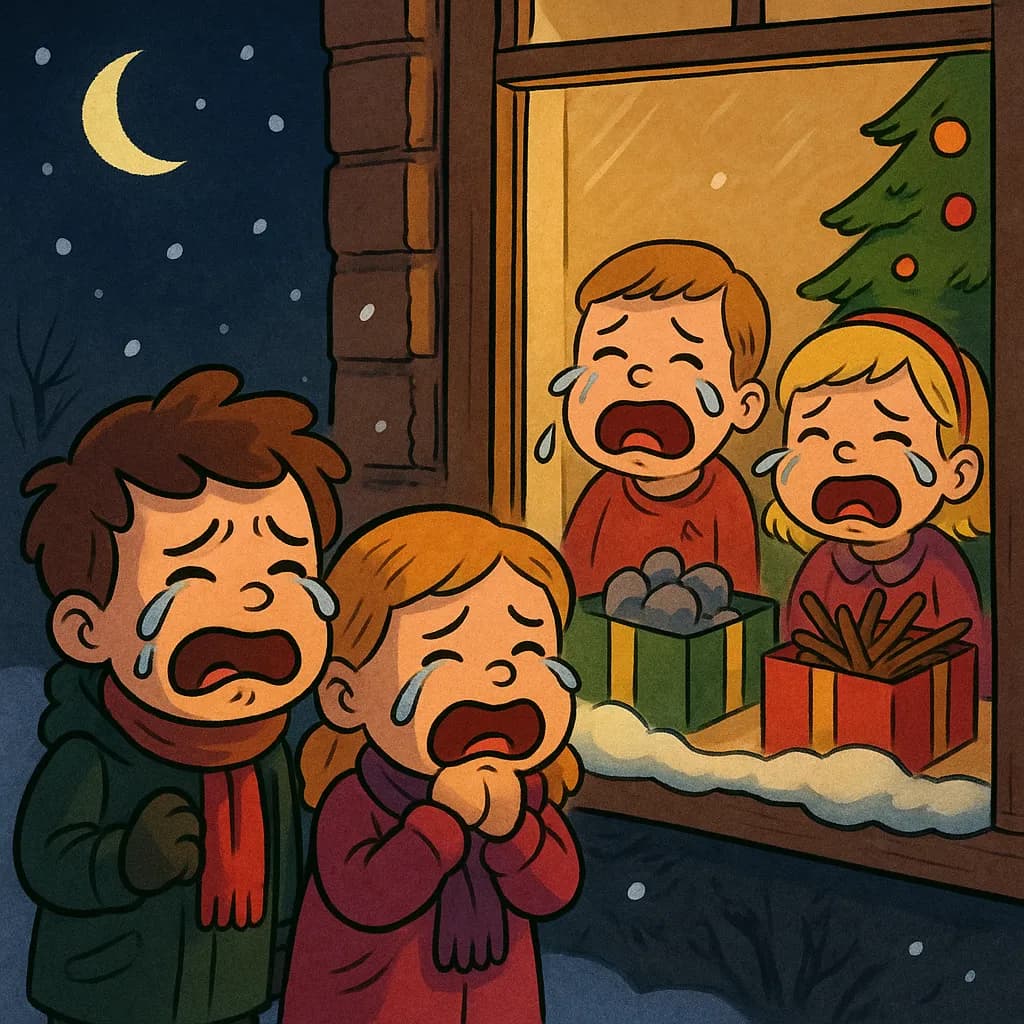 Tuhma lapsi on saanut lahjaksi tyhmän lahjan. Hän itkee.