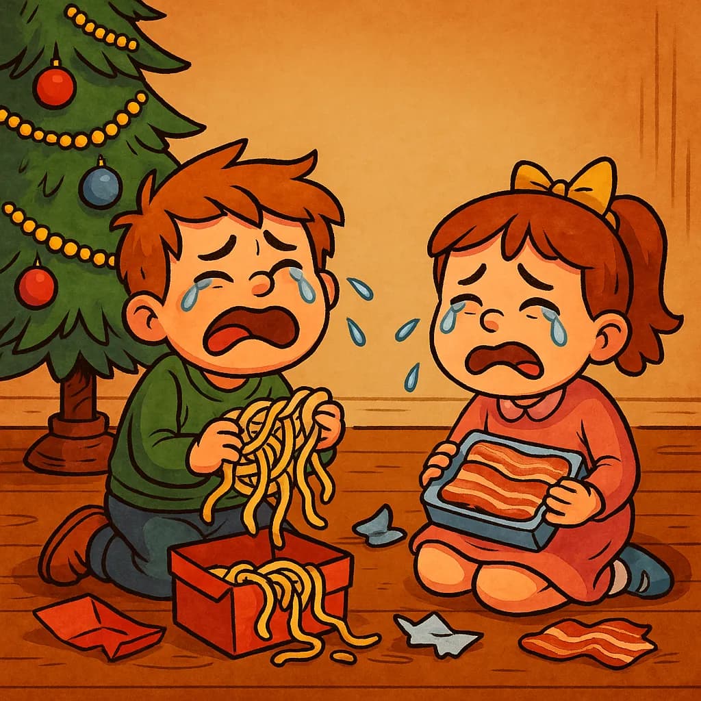 Tuhma lapsi on saanut lahjaksi tyhmän lahjan. Hän itkee.