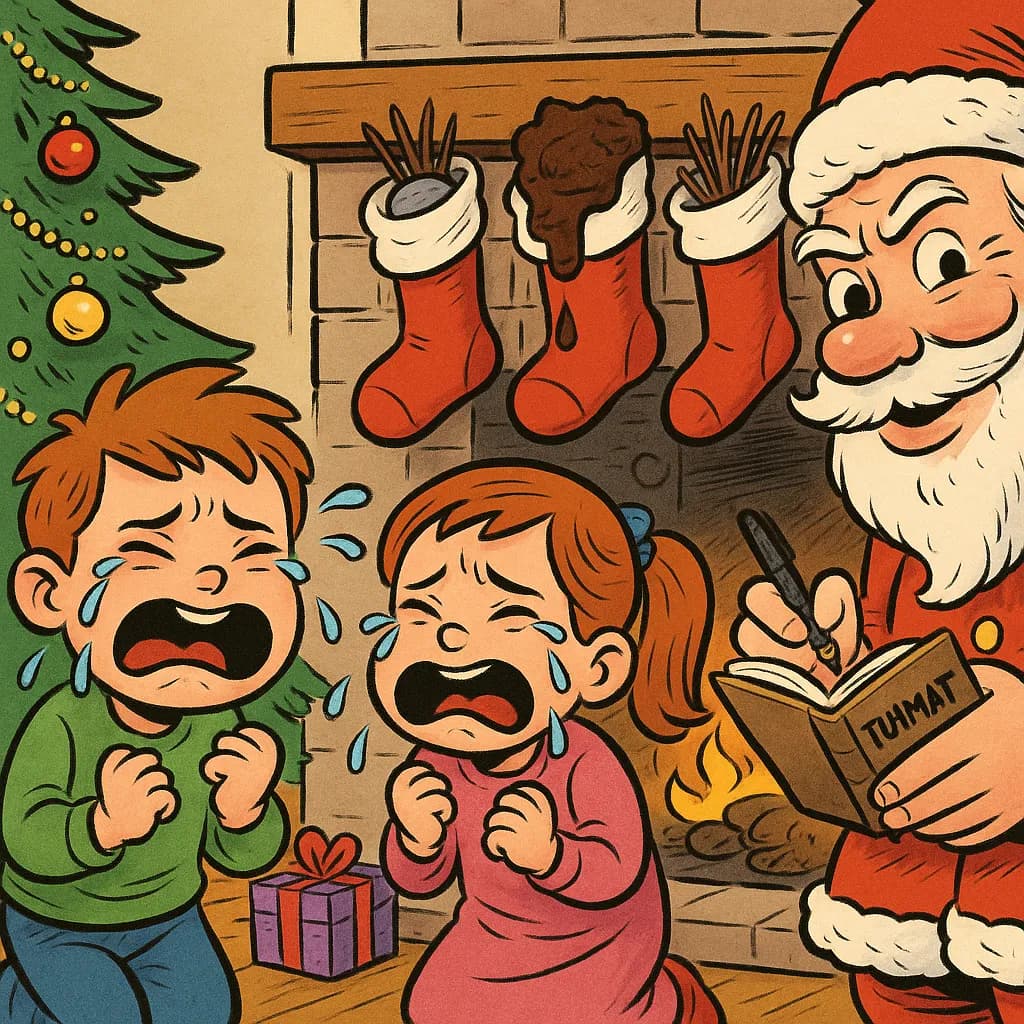 Tuhma lapsi on saanut lahjaksi tyhmän lahjan. Hän itkee.