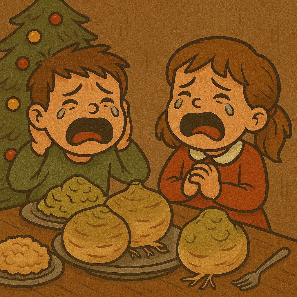 Tuhma lapsi on saanut lahjaksi tyhmän lahjan. Hän itkee.