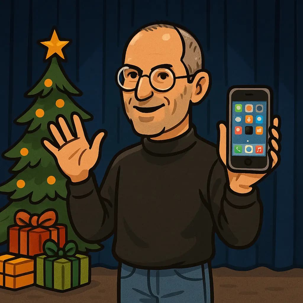 Jouluinen Steve Jobs laittaa alkuperäisen iPhonen kuusen alle