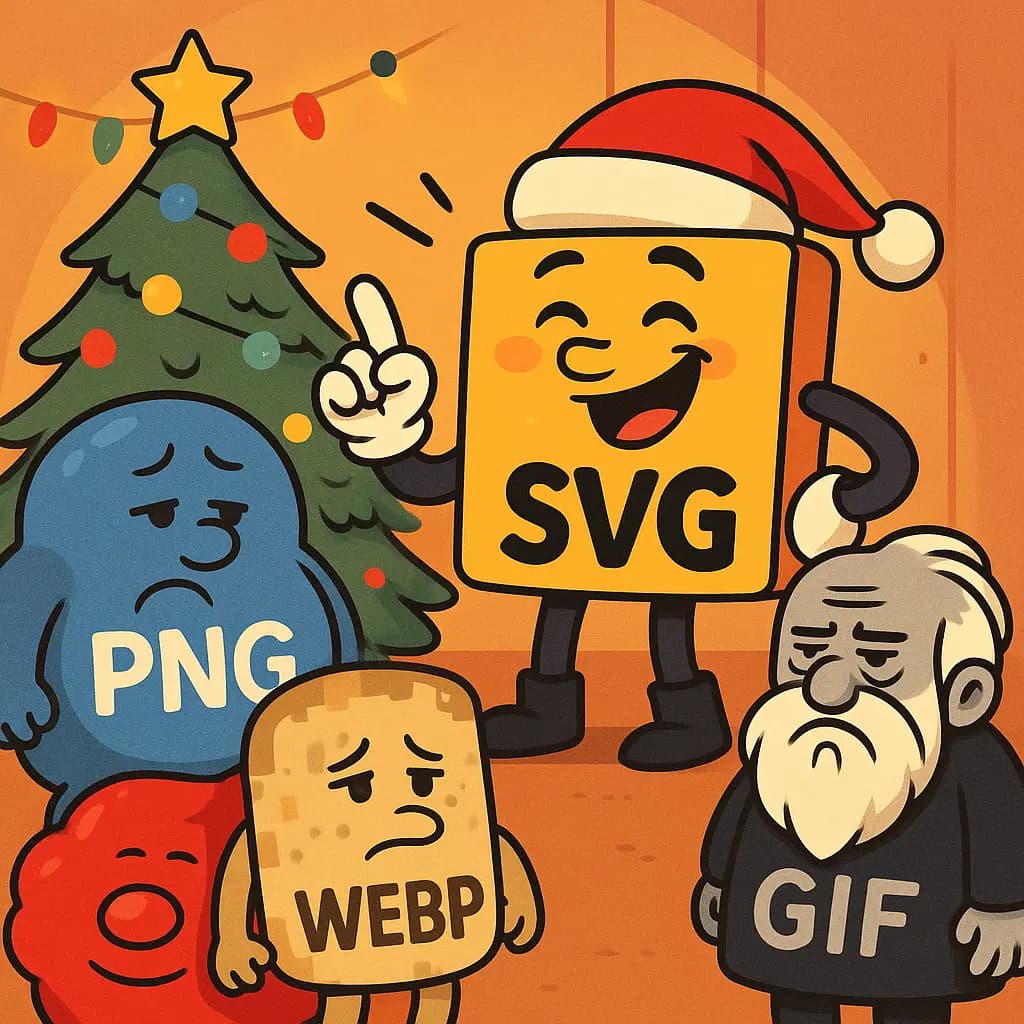Antropomorfinen jouluinen SVG-vektorikuva ivaa kolmea bittikarttaformaattia - pulleaa png:tä, pakkaus-artefakteja sisältävää webp:tä sekä vanhaa ja naavapartaista mustavalkoista gif-kuvaa.