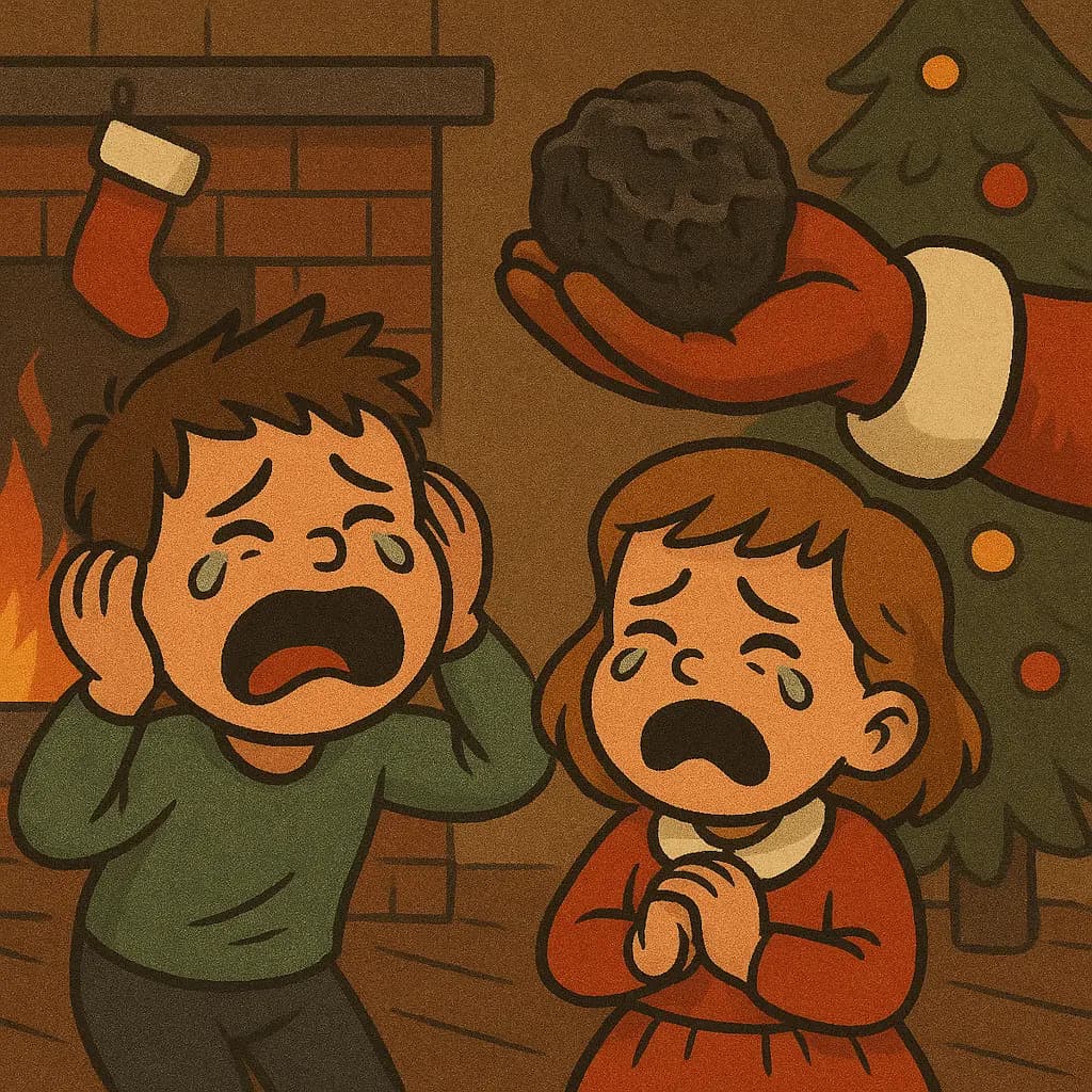 Tuhma lapsi on saanut lahjaksi tyhmän lahjan. Hän itkee.