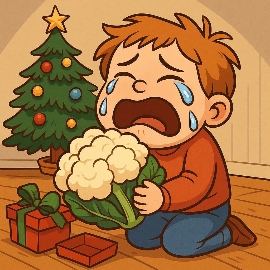 Tuhma lapsi on saanut lahjaksi tyhmän lahjan. Hän itkee.