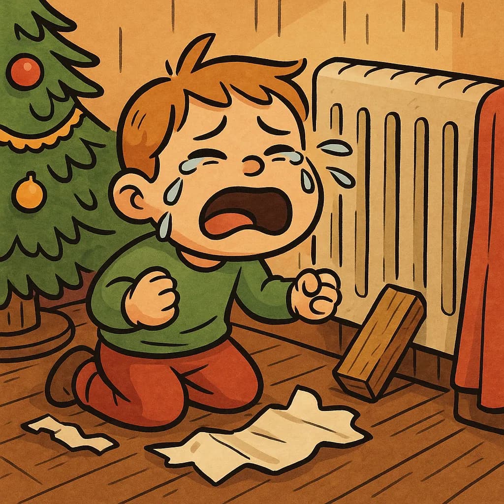 Tuhma lapsi on saanut lahjaksi tyhmän lahjan. Hän itkee.